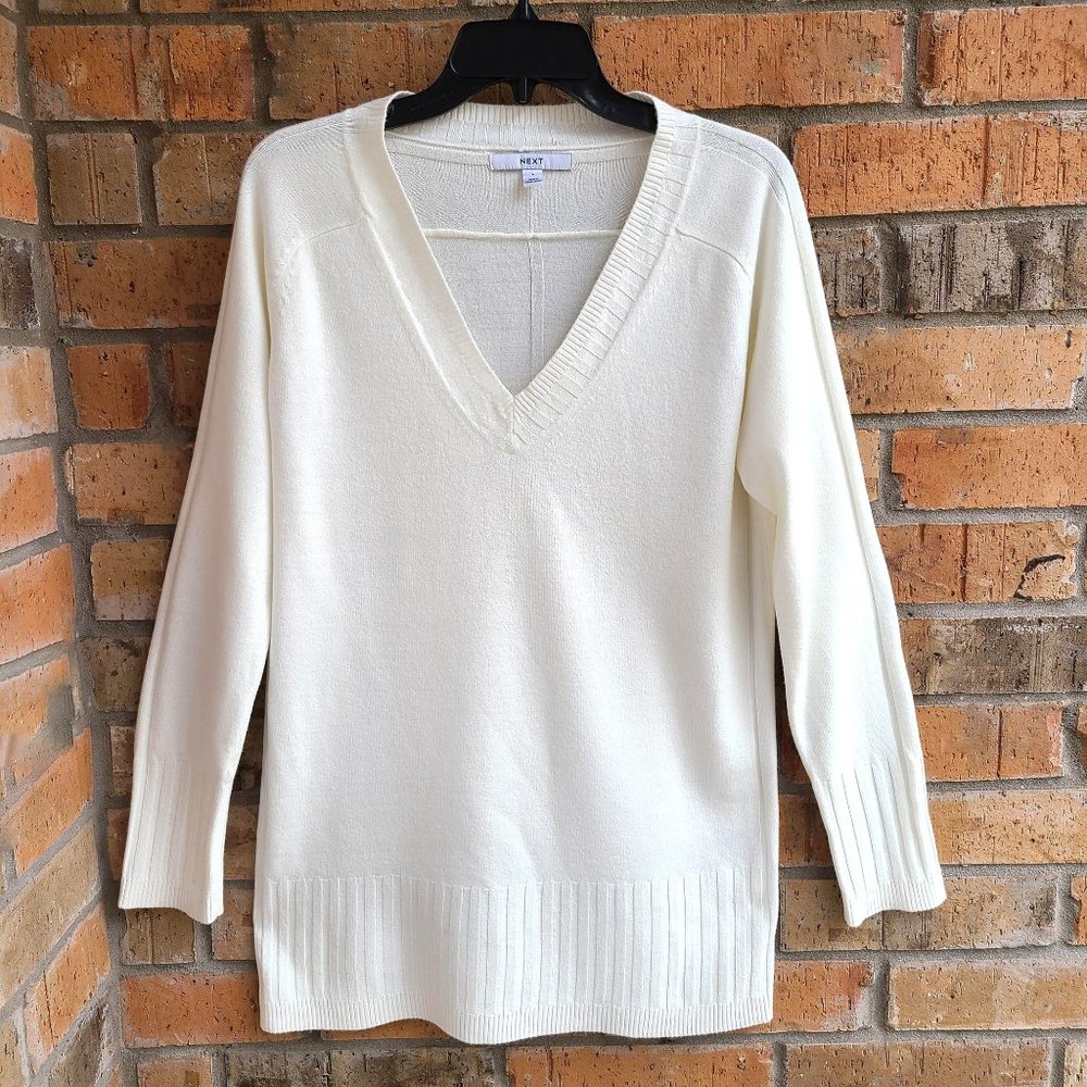 NEXT Womens Knit Sweater Pullover V-neck Long Sleeves White Size S